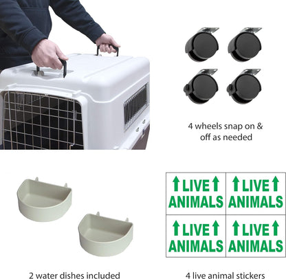 SportPet Designs Plastic Kennels Rolling Plastic Airline Approved Wire Door Travel Dog Crate, XXX-Large, Gray